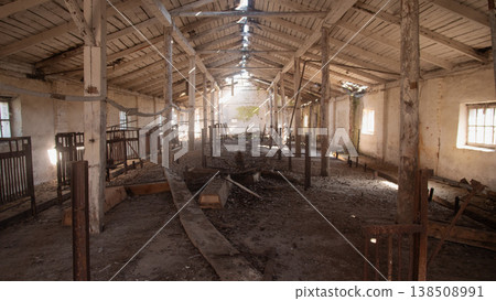 Sunbeams Cutting Through Stable Ruin Walkway, Scattered Planks And Broken Dividers, Warm Dust Columns And Mottled Light, Sense Of Emptiness And Memory, Slow Decay And Soft Textures In Rural Sunbeams Cutting Through Stable Ruin Walkway, Scattered Planks And Broken Dividers, Warm Dust Columns And Mottled Light, Sense Of Emptiness And Memory, Slow Decay And Soft Textures In Rural 138508991