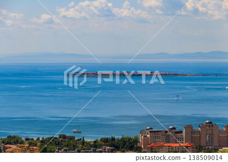Aerial view of Sveti Vlas resort, Nessebar peninsula and the Black Sea in Bulgaria Aerial view of Sveti Vlas resort, Nessebar peninsula and the Black Sea in Bulgaria 138509014