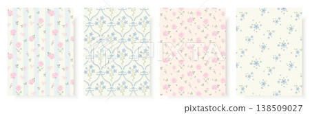 Set of four vintage seamless patterns featuring romantic pink roses blue wildflowers cute bows and stripes. Elegant cottagecore background for textile wallpaper or wedding stationery design. 138509027