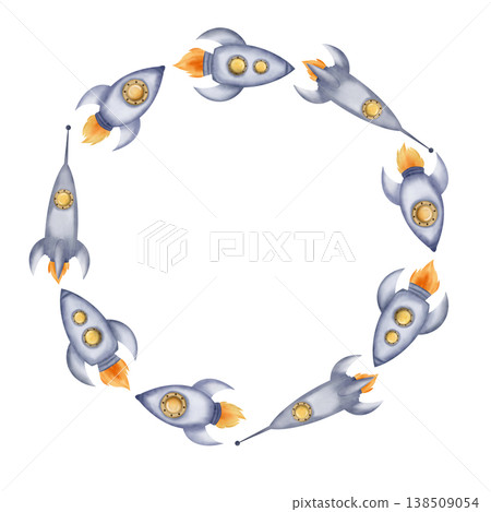 Round frame, wreath of space rockets, spaceships 138509054