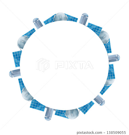 Round frame, wreath of blue and gray space satellites. Digital watercolor illustration. Cute for the kids design 138509055