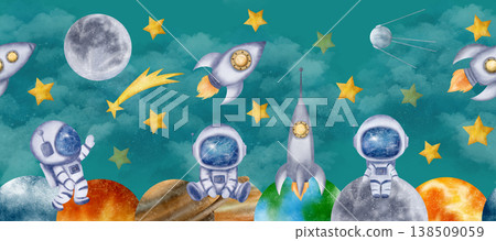 Green sky, clouds, stars, Moon, astronauts, cosmonauts, spaceship, spacerocket, planets make up this space of seamless border 138509059