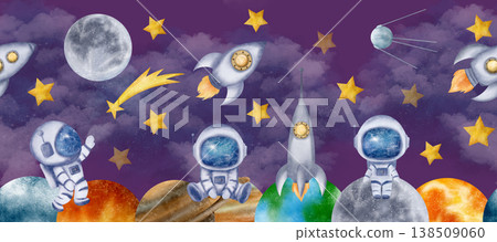Lilac sky, clouds, stars, Moon, astronauts, cosmonauts, spaceship, spacerocket, planets make up this space of seamless border 138509060