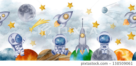 White sky, clouds, stars, Moon, astronauts, cosmonauts, spaceship, spacerocket, planets make up this space of seamless border 138509061