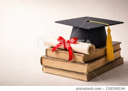 Graduation cap with diploma on stack of books symbolizing education achievement Graduation cap with diploma on stack of books symbolizing education achievement 138509194