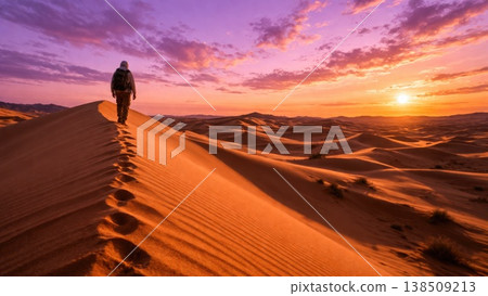 Lone traveler walking on sand dunes in desert at colorful sunset Lone traveler walking on sand dunes in desert at colorful sunset 138509213
