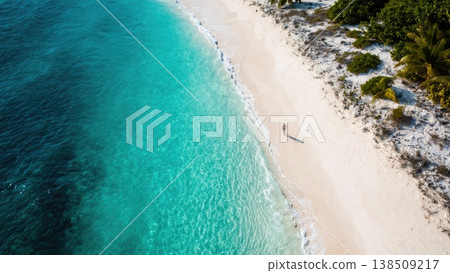 Aerial view of tropical beach with turquoise water and white sand coastline 138509217