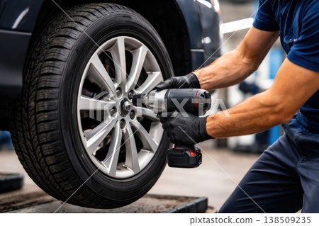 Mechanic Changing Car Wheel with Electric Impact Wrench Mechanic Changing Car Wheel with Electric Impact Wrench 138509235