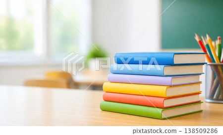 Colorful stack of books on wooden desk in bright classroom interior Colorful stack of books on wooden desk in bright classroom interior 138509286
