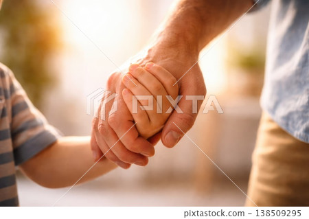 Close up of parent holding child hand with warm sunlight Close up of parent holding child hand with warm sunlight 138509295