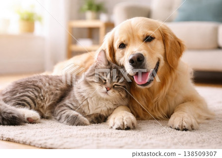 Cute golden retriever dog cuddling with fluffy cat on cozy home carpet Cute golden retriever dog cuddling with fluffy cat on cozy home carpet 138509307