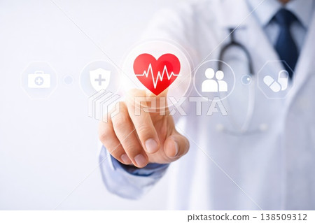 Doctor touching virtual heart icon representing healthcare and medical technology Doctor touching virtual heart icon representing healthcare and medical technology 138509312