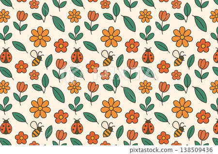 retro floral seamless pattern with bees and ladybugs 138509436