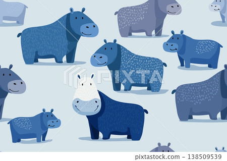 Cute hippopotamus isolated on blue background seamless pattern Cute hippopotamus isolated on blue background seamless pattern 138509539