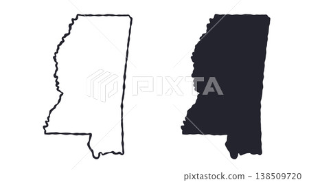 Mississippi USA state map silhouette and outline map. Vector shapes of us state, isolated on white. Perfect for infographics, geography design, education, and maps. Mississippi USA state map silhouette and outline map. Vector shapes of us state, isolated on white. Perfect for infographics, geography design, education, and maps. 138509720