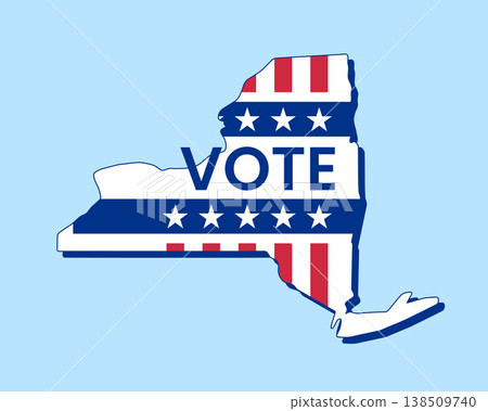 New York state map filled with U.S. flag stars and stripes, bold Vote text overlay. Patriotic election concept symbolizing democracy, civic duty, and American pride. New York state map filled with U.S. flag stars and stripes, bold Vote text overlay. Patriotic election concept symbolizing democracy, civic duty, and American pride. 138509740