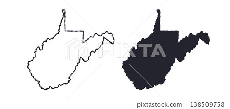 West Virginia USA state map silhouette and outline map. Vector shapes of us state, isolated on white. Perfect for infographics, geography design, education, and maps. West Virginia USA state map silhouette and outline map. Vector shapes of us state, isolated on white. Perfect for infographics, geography design, education, and maps. 138509758