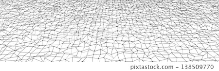 Abstract wireframe flat landscape with glowing grid lines forming a futuristic digital terrain. Technology background concept of cyberspace, virtual reality, metaverse, data visualization. 138509770