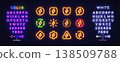 Neon alphabet and electric energy icons glowing in bright colors. Set of lightning symbols in different frames and styles on transparent background. Perfect for technology design 138509788