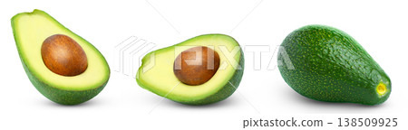 Fresh organic green avocados, whole and half collection isolate. Whole green avocado and two halves of avocado isolated. Fresh organic green avocados, whole and half collection isolate. Whole green avocado and two halves of avocado isolated. 138509925