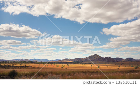 African savanna with few small palm trees, mountains in distance - typical landscape at Isalo National Park, Madagascar African savanna with few small palm trees, mountains in distance - typical landscape at Isalo National Park, Madagascar 138510111