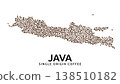 Shape of Java island map made of scattered coffee beans, name below 138510182