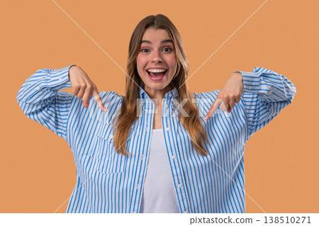 Blonde Woman Blogger Pointing Down,Advertising Adds. Click To Subscribe, Mockup 138510271