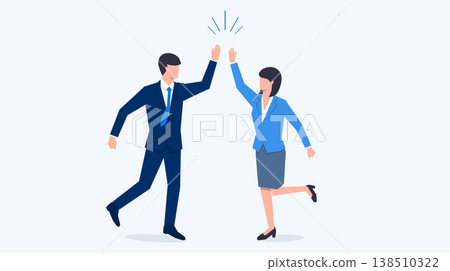 向量插圖,描繪了身著西裝的商人、一男一女互相擊掌慶祝的場景。 向量插圖,描繪了身著西裝的商人、一男一女互相擊掌慶祝的場景。 138510322