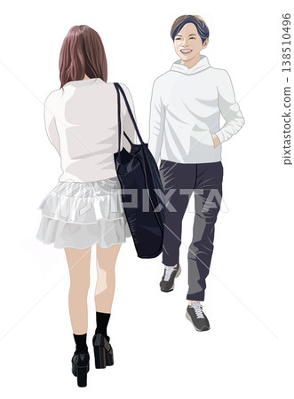Illustration of a young man and woman passing each other. Illustration of a young man and woman passing each other. 138510496