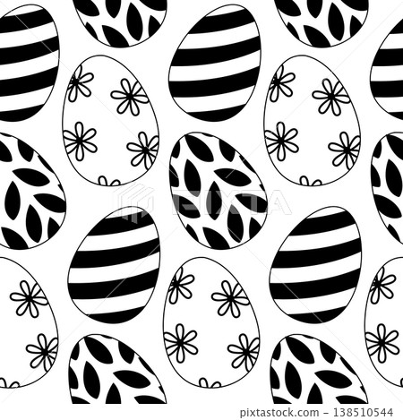 Minimal black and white Easter egg seamless pattern with floral elements Minimal black and white Easter egg seamless pattern with floral elements 138510544