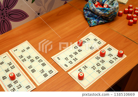 lotto playing field with barrels on a table close up from above 138510669
