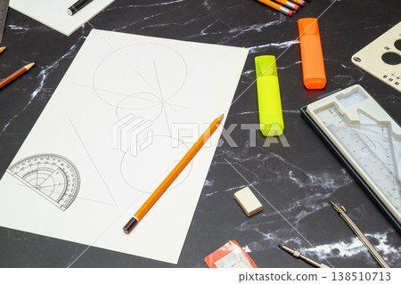 process of creating a technical sketch on a dark surface process of creating a technical sketch on a dark surface 138510713