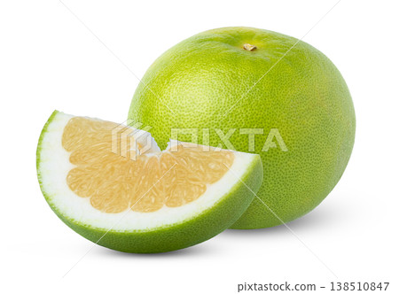 Ripe green grapefruit sweetie with cut in a slice of grapefruit sweetie isolated. Sweetie, pomelo or Oroblanco fruits with a piece isolated. Green citrus fruits with slice. Ripe green grapefruit sweetie with cut in a slice of grapefruit sweetie isolated. Sweetie, pomelo or Oroblanco fruits with a piece isolated. Green citrus fruits with slice. 138510847