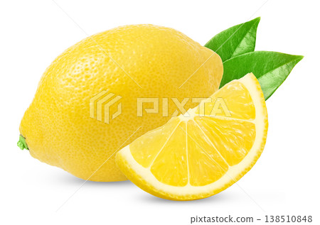 Fresh lemons isolated on white background. Lemon and slice with green leaf isolated. Fresh lemons isolated on white background. Lemon and slice with green leaf isolated. 138510848