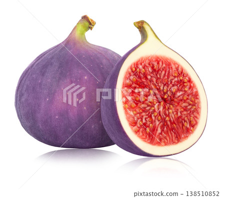 Fresh fig fruit and cut in a half isolated on white background. Sliced fig and whole fig with reflection. Fresh fig fruit and cut in a half isolated on white background. Sliced fig and whole fig with reflection. 138510852