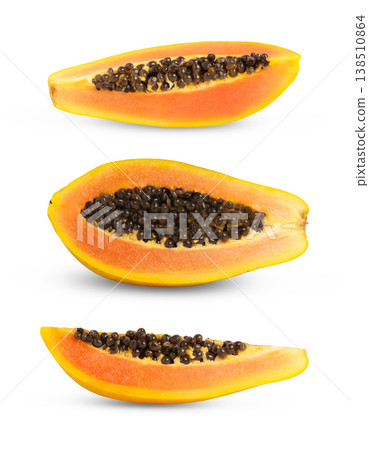 Half of papaya fruit cut out. Set of ripe papaya halves. Papaya slice with seeds isolated. Half of papaya fruit cut out. Set of ripe papaya halves. Papaya slice with seeds isolated. 138510864