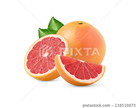 Whole grapefruit fruit and a half isolated. Citrus fruit with slice. Whole grapefruit fruit and a half isolated. Citrus fruit with slice. 138510873