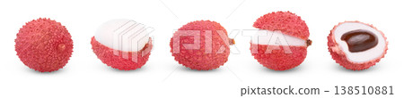 Collection of lichees isolated on white background. Whole and peeled lychee, opened lychee, half of lychee with seed. Collection of lichees isolated on white background. Whole and peeled lychee, opened lychee, half of lychee with seed. 138510881