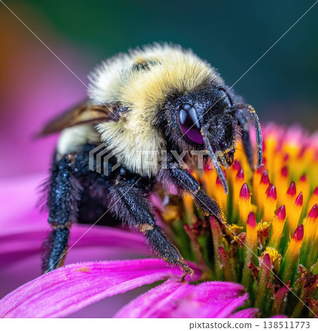 Diligent bumblebee gathering nectar from vibrant pink coneflower blooming brightly supporting native meadow restoration efforts highlighting peaceful beautiful natural outdoor environment Diligent bumblebee gathering nectar from vibrant pink coneflower blooming brightly supporting native meadow restoration efforts highlighting peaceful beautiful natural outdoor environment 138511773