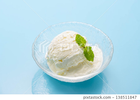 Two scoops of vanilla ice cream on a blue plate, garnished with a wooden spoon and mint. A refreshing summer dessert. Two scoops of vanilla ice cream on a blue plate, garnished with a wooden spoon and mint. A refreshing summer dessert. 138511847