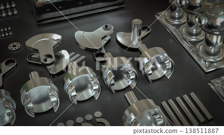 Shiny Engine Cylinder Block And Pistons Mechanical Parts 3d render. Shiny Engine Cylinder Block And Pistons Mechanical Parts 3d render. 138511887