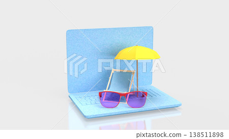 Summer Vacation Concept With Laptop Beach Scene 3d render. Summer Vacation Concept With Laptop Beach Scene 3d render. 138511898