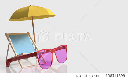 Summer Beach Vacation Accessories With Sunglasses And Umbrella 3d render. 138511899