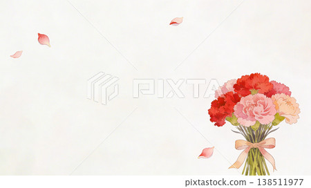 紅色和粉紅色康乃馨與絲帶插圖——感謝卡背景 138511977