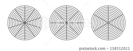 Polar grid of 10 segments and 10 concentric circles, 8 segments and 10 concentric circles, 6 segments and 10 concentric circles. Black blank of graph paper with 10 segments and 10 concentric circles a Polar grid of 10 segments and 10 concentric circles, 8 segments and 10 concentric circles, 6 segments and 10 concentric circles. Black blank of graph paper with 10 segments and 10 concentric circles a 138512021