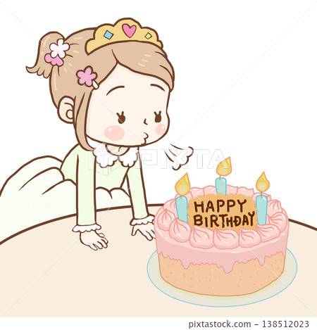 一個女孩正試圖吹熄生日蛋糕上的蠟燭。 138512023