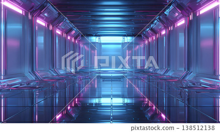 Cyberpunk Hallway with Glowing Pink and Blue Neon Lights 3D Render. Futuristic Neon Corridor Interior Sci-Fi Cyberpunk Tunnel Background. Modern Sci-Fi Technology Corridor with Reflective Floor Neon L 138512138