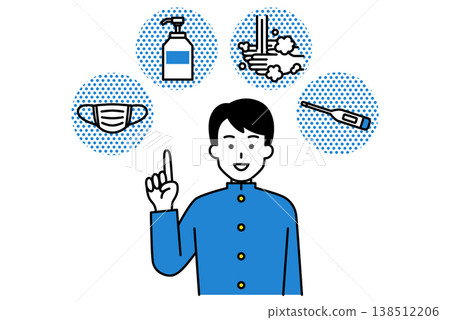 A male student explains four ways to prevent colds (wearing a mask, disinfecting, washing hands, and taking your temperature). A male student explains four ways to prevent colds (wearing a mask, disinfecting, washing hands, and taking your temperature). 138512206
