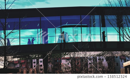 Unrecognizable Silhouettes In Glass Shopping Mall Passage Above Residential Area 138512324