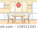 Bright modern kitchen interior with large window natural daylight wooden round table white cabinets cozy clean atmosphere minimalist home design soft colors symmetrical layout realistic lighting 138512343